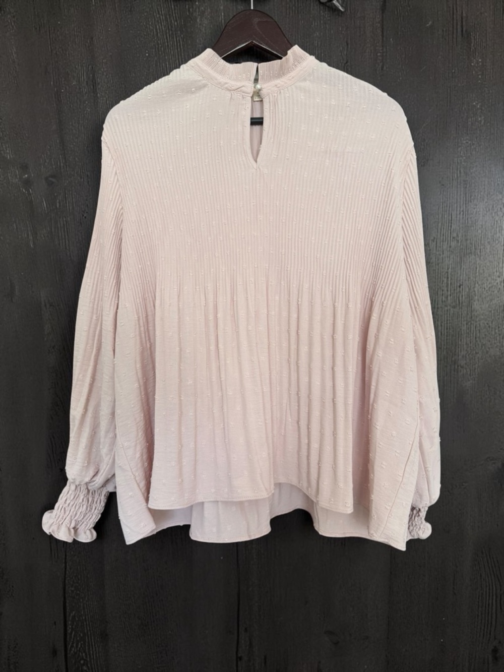 Delicate Blush Textured Pleat Long-Sleeve Blouse